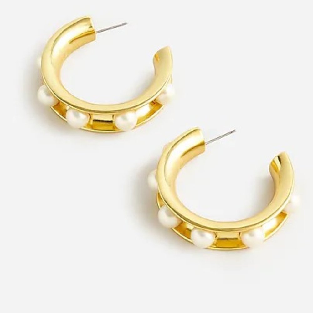 J Crew Earrings/ Pearl Studded Hoops/ Gold Plated